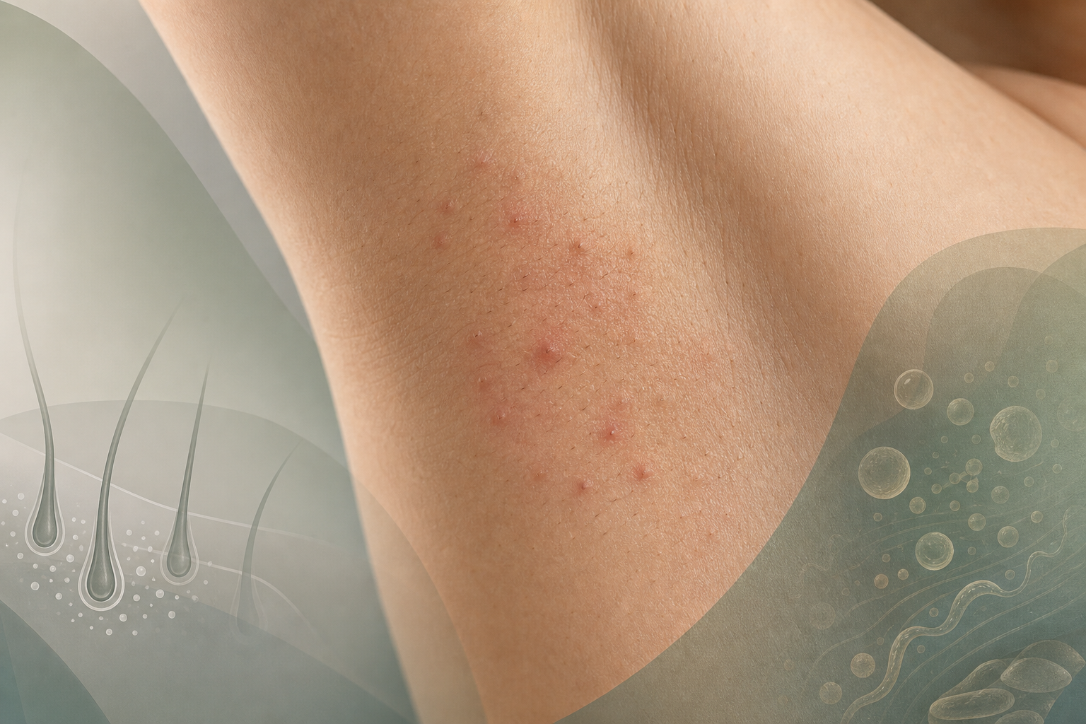 Abstract close-up of an underarm with mild follicle bumps and translucent educational overlays.