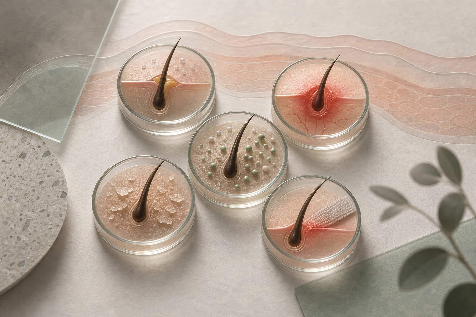 Abstract hair follicle models showing blocked, irritated, and microbe-associated follicle patterns.