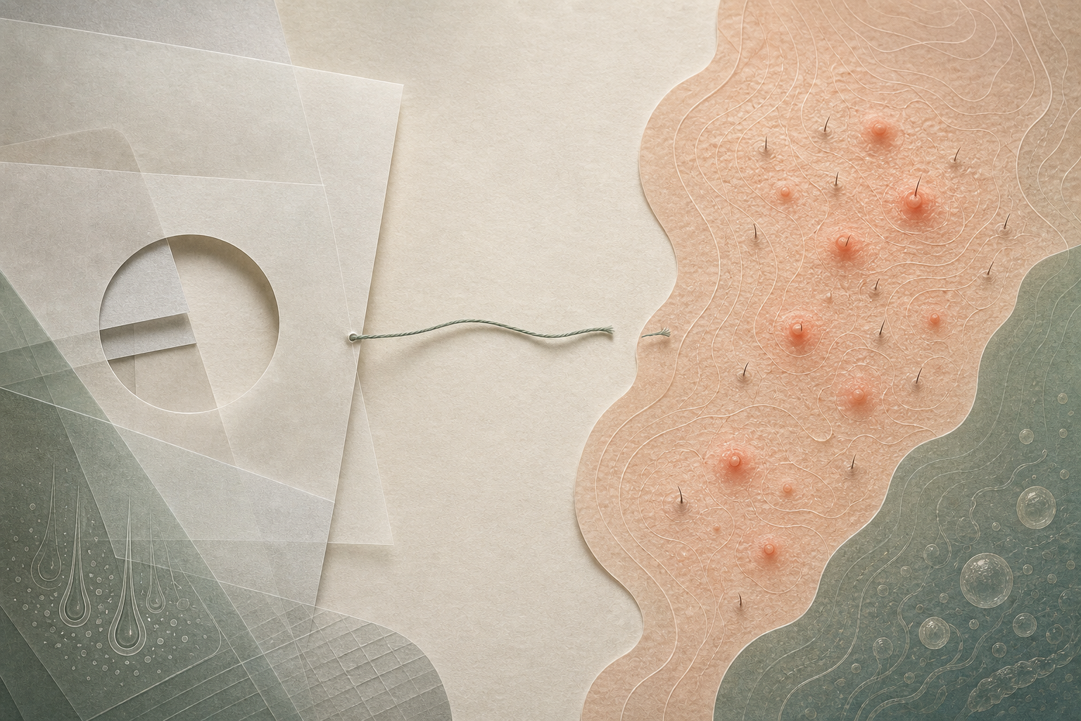 Layered label plane connected by thread to an underarm skin map with mild follicle bumps.