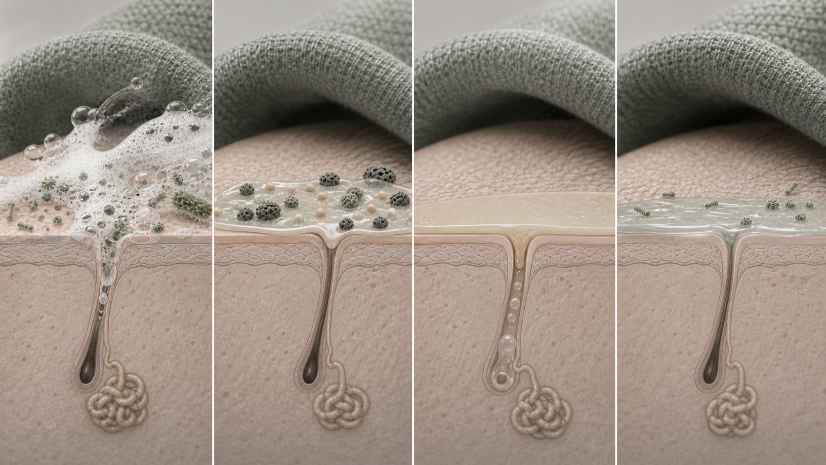 Four skin panels showing foam cleansing, a leave-on film, sweat control, and antiseptic contact.