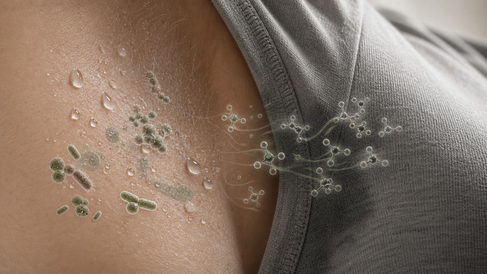 Close underarm skin, sweat droplets, fabric, microbes, and odor molecules.