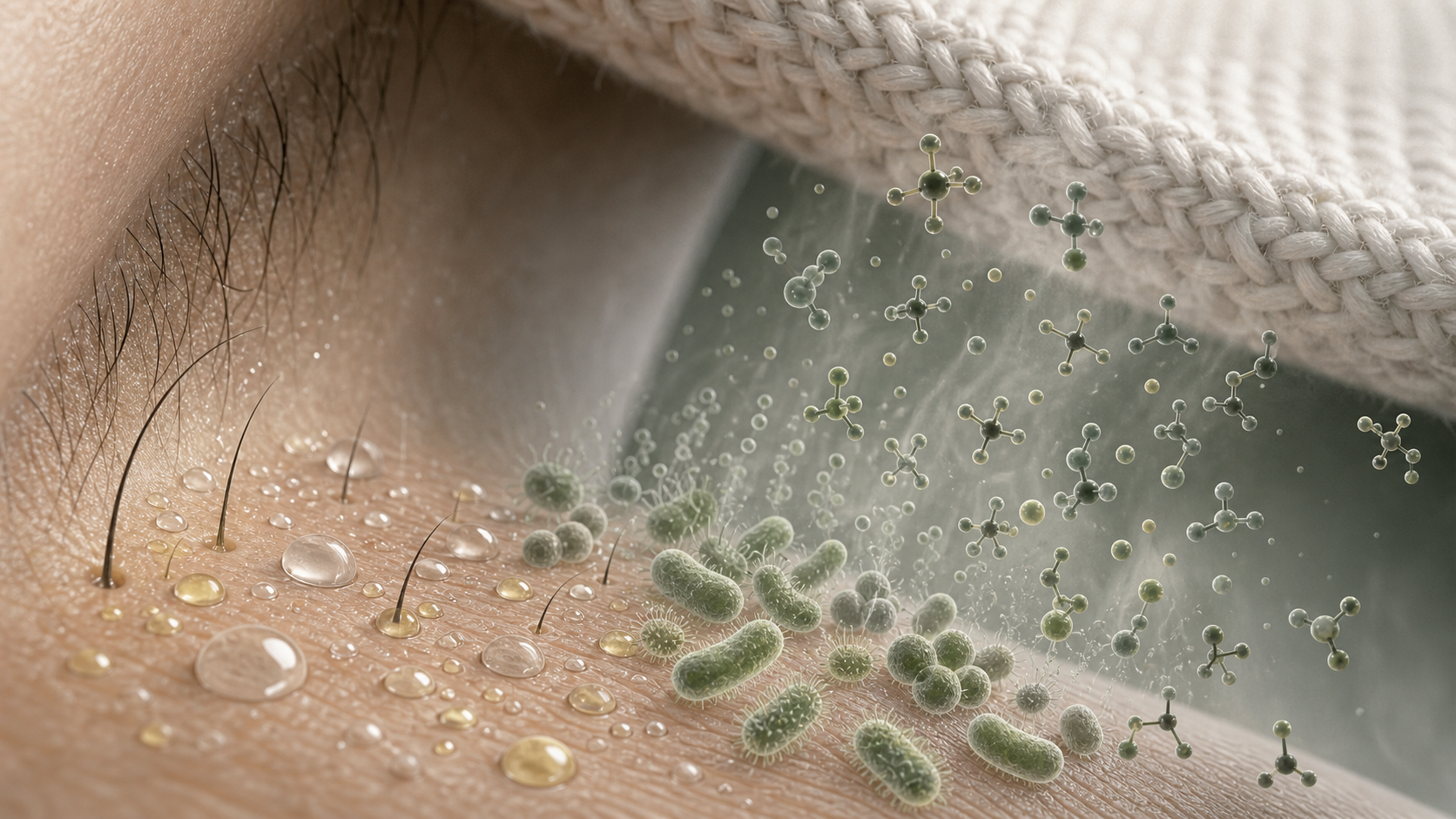 Macro underarm skin with sweat, microbes, odor molecules, and fabric fibers.