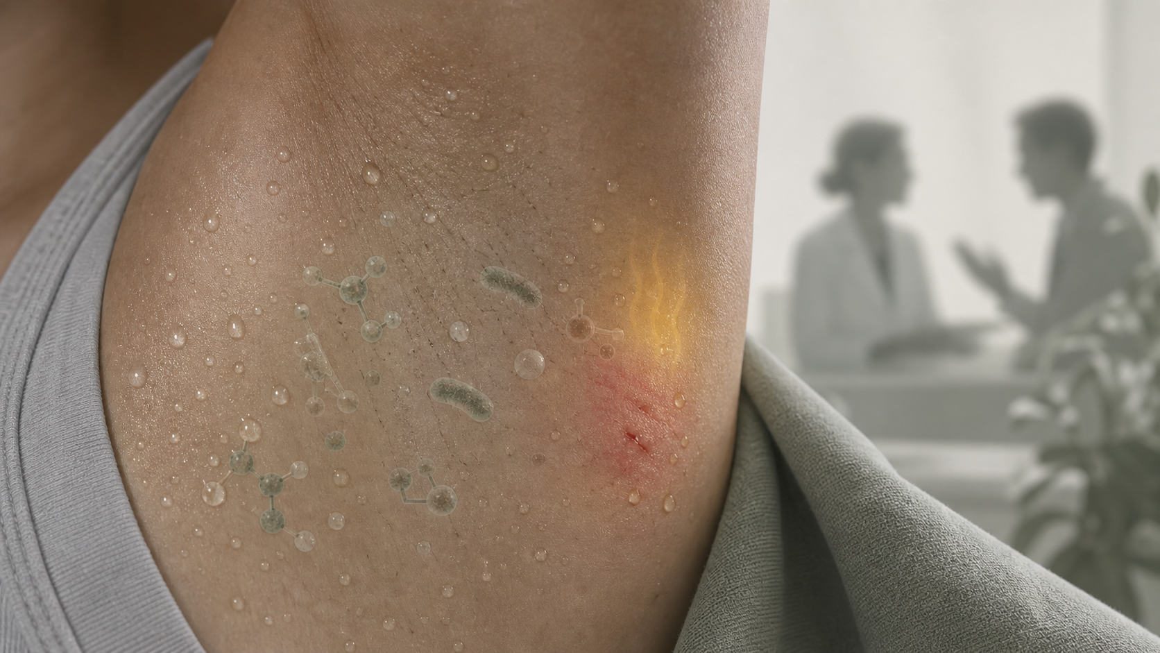 Underarm skin with sweat, a mild irritated patch, and blurred professional conversation silhouettes.