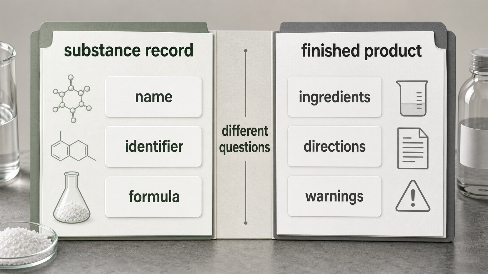 Two-panel diagram separating a substance record with name, identifier, and formula from a finished product with ingredients, directions, and warnings.