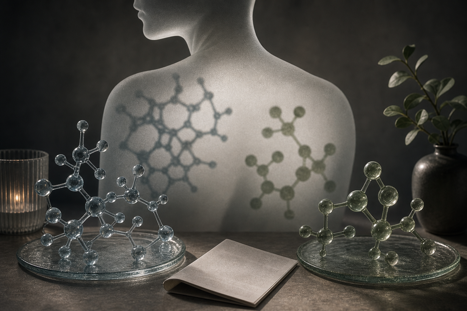 Two separate translucent molecular sculptures projected as shadows onto a frosted human shoulder silhouette.