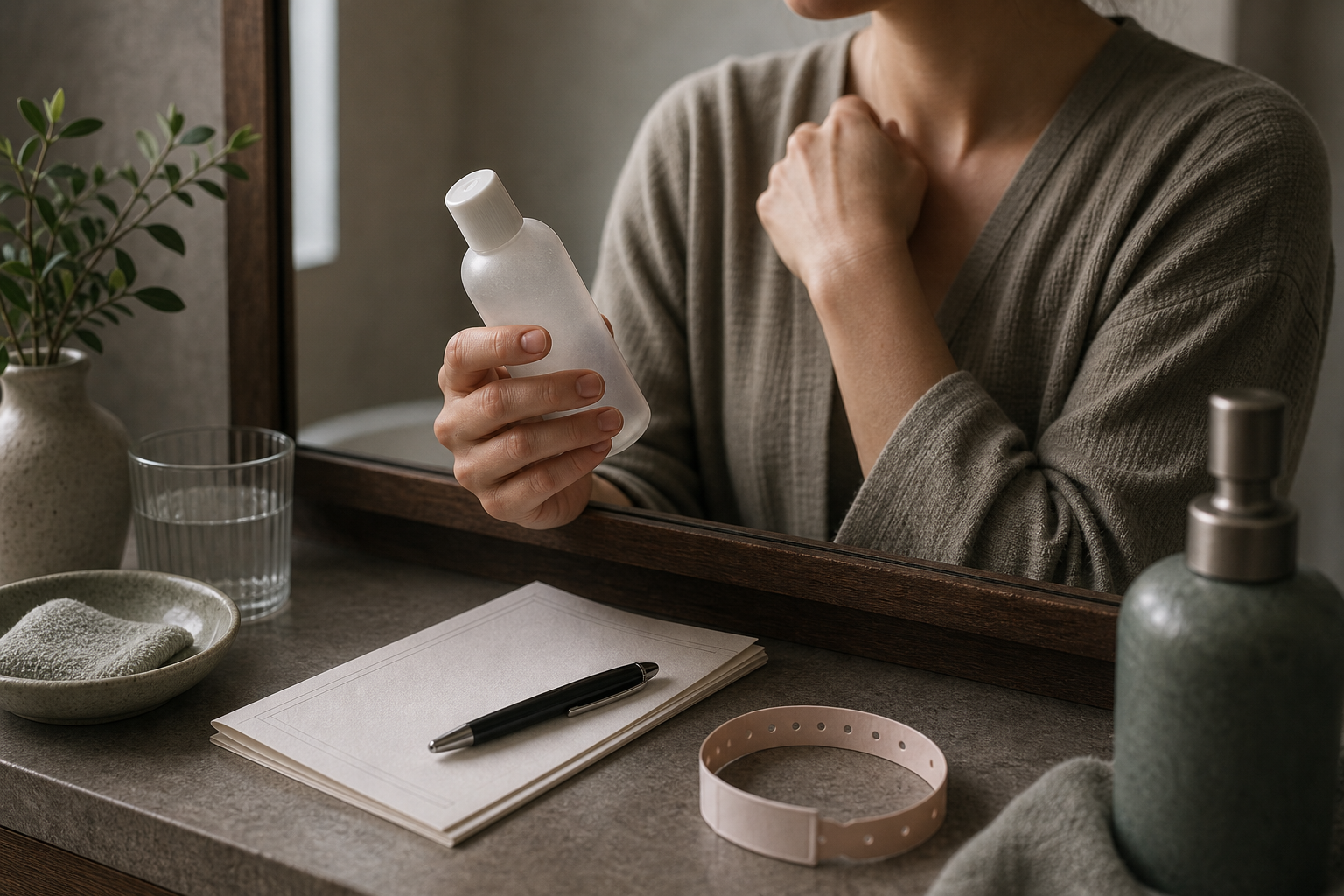 Non-identifiable person holding an unbranded bottle near a mirror with an appointment paper, pen, and blank allergy bracelet on the counter.
