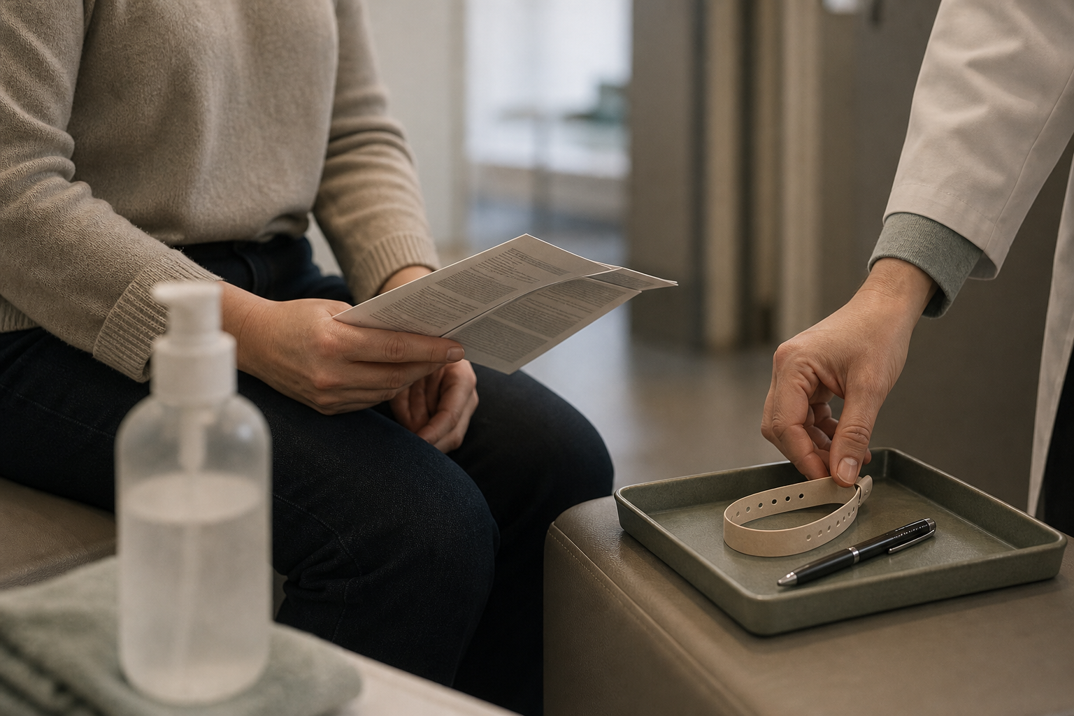Clinic handoff scene with a non-identifiable seated patient, cropped clinician hand, folded leaflet, blank allergy bracelet, and unbranded bottle.