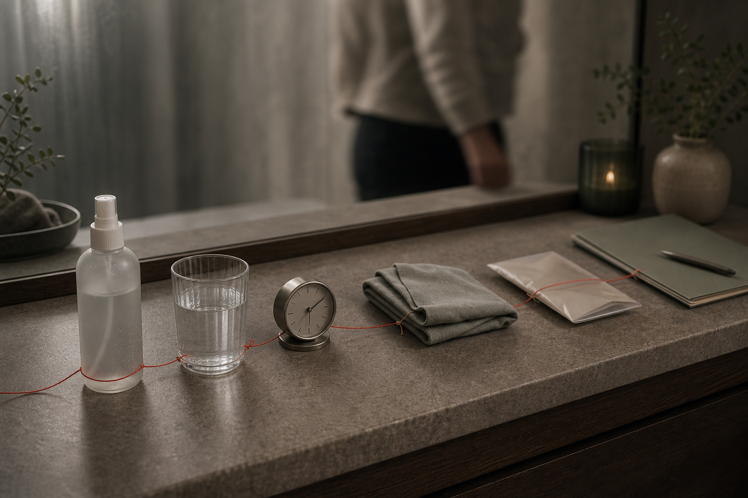 Vanity counter with an unbranded bottle, clock, folded fabric, closed photo envelope, appointment folder, and red thread.