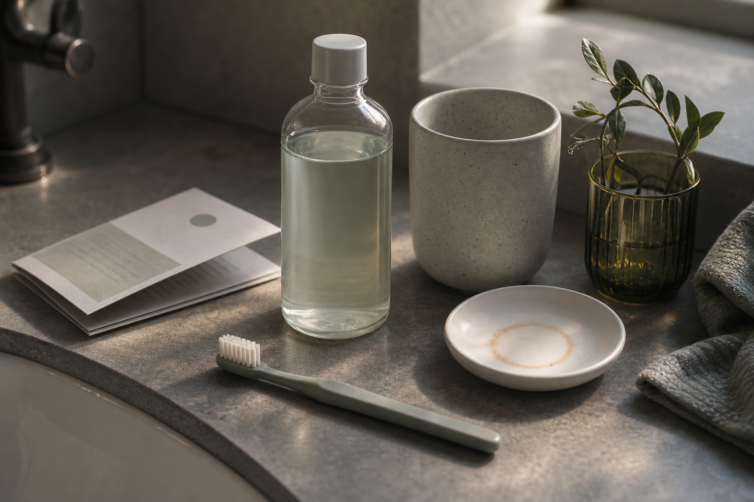 Bathroom sink with a toothbrush, unbranded rinse bottle, folded dental note, and amber stain ring on a porcelain dish.