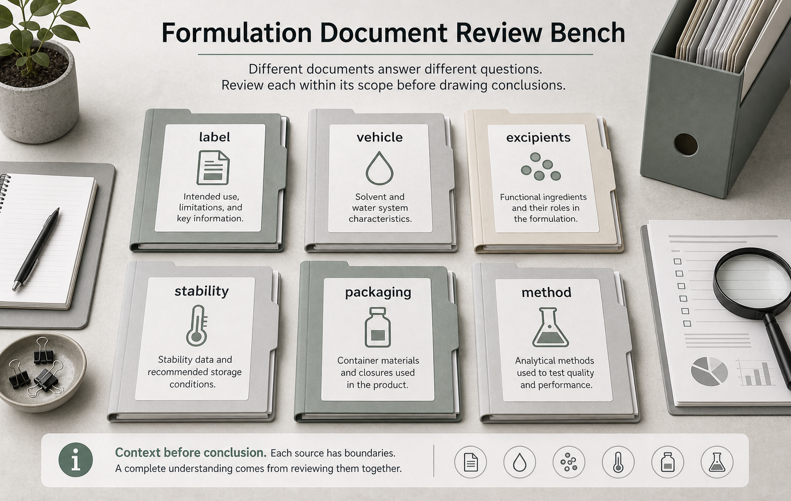 Unbranded document review bench with formulation records.