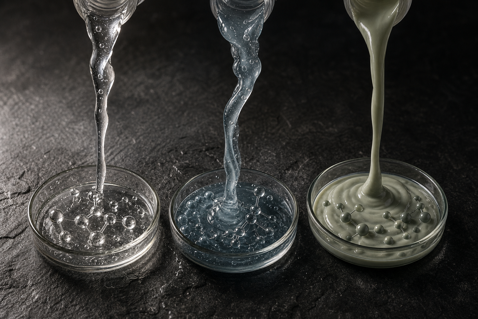 Three different translucent wash-product streams falling into separate glass dishes on dark slate.