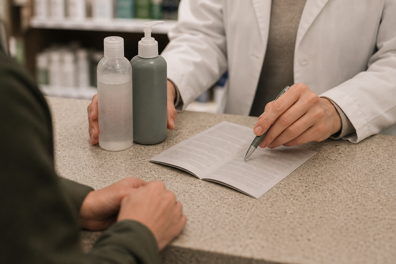 Pharmacy consultation counter with anonymous hands, fictional wash bottles, and a folded leaflet.
