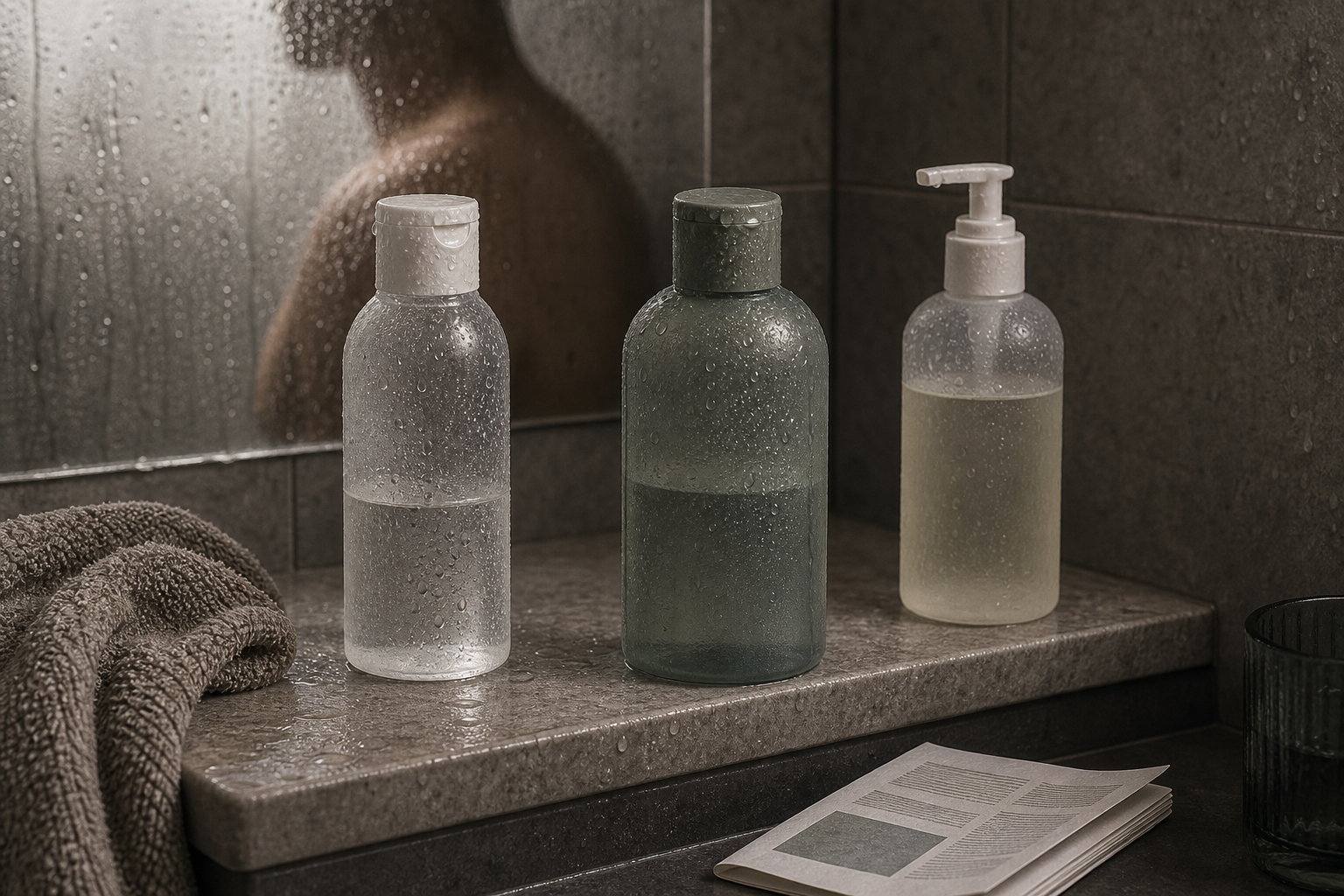 Steamy shower shelf with three fictional wash bottles and a non-identifiable body reflection in wet tile.