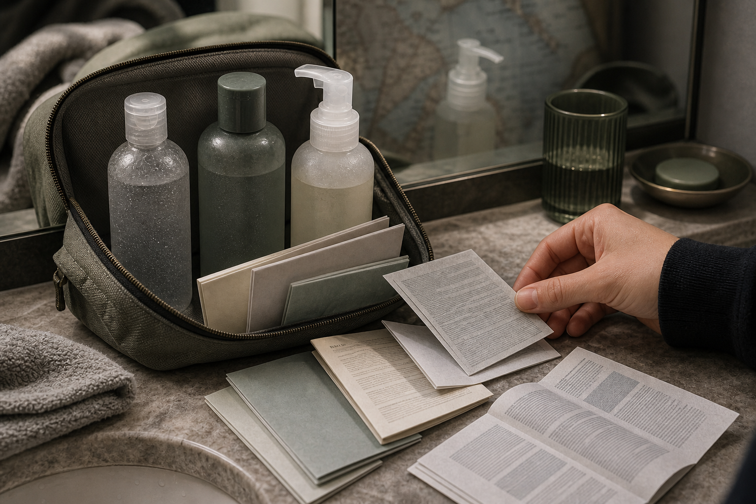 Open travel toiletry bag with fictional wash bottles, folded leaflets, and an unreadable map reflection in a bathroom mirror.