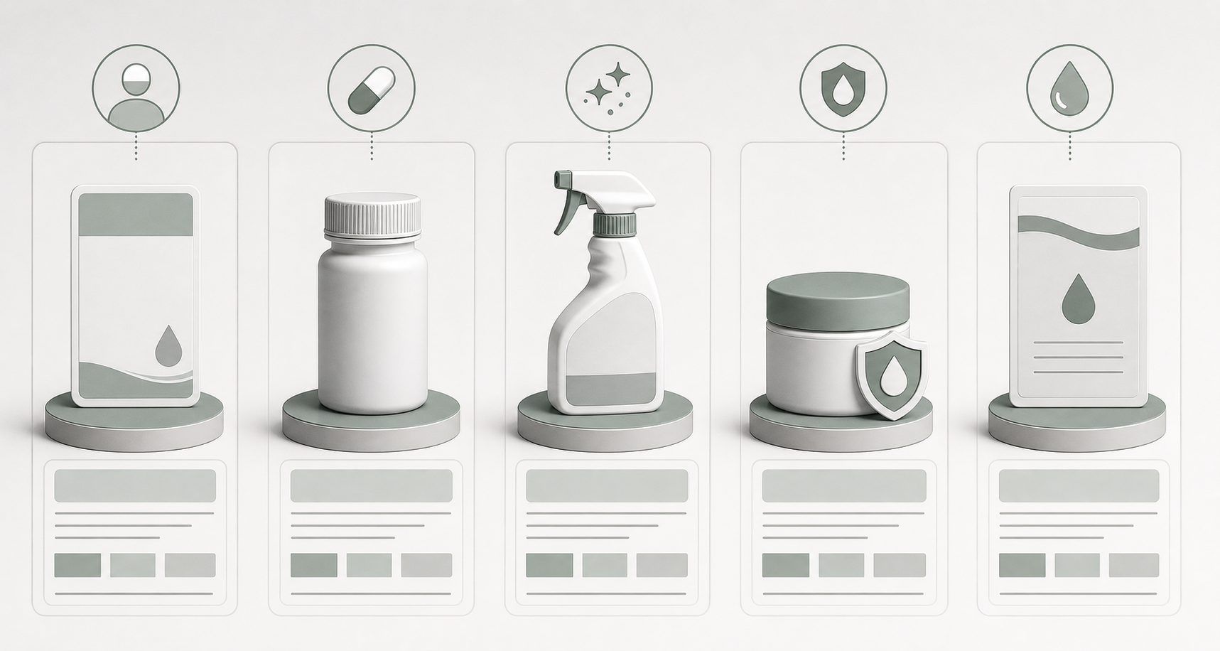 Unbranded health and cleaning product categories shown side by side as separate stations.