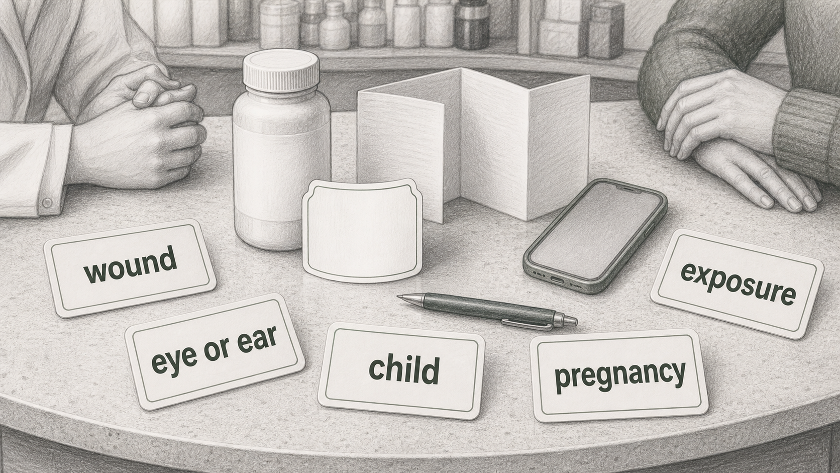 Consultation counter with a product label and question cards for wound, eye, child, pregnancy, and exposure.