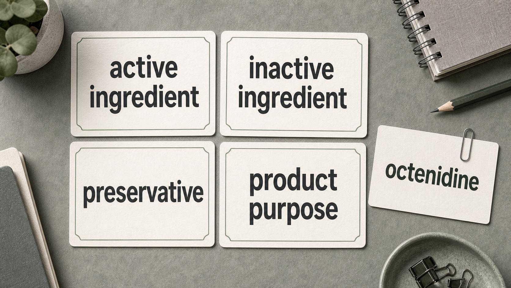 Ingredient role cards for active ingredient, inactive ingredient, preservative, and product purpose.