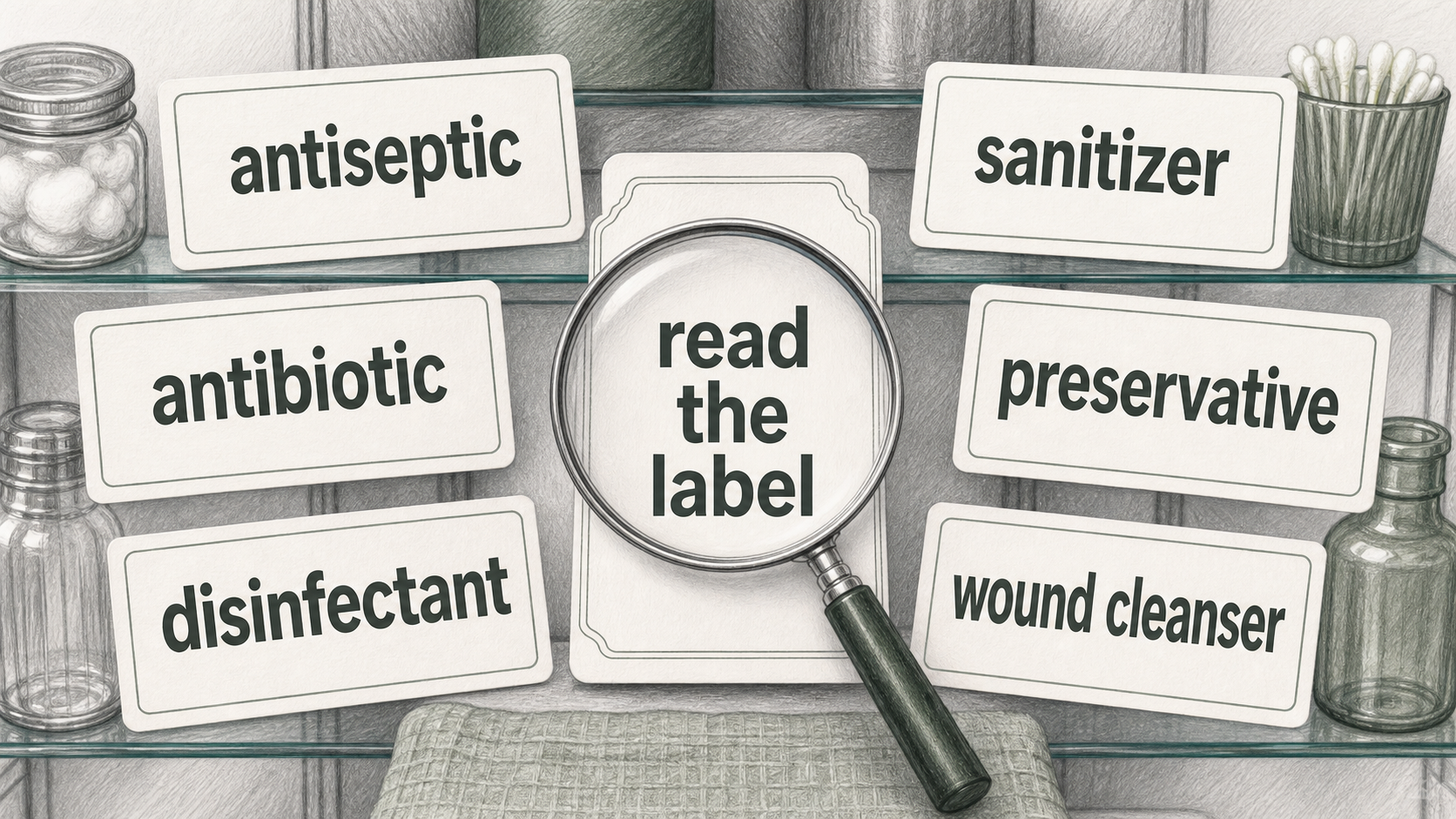 Medicine-cabinet word cards separating antiseptic, antibiotic, disinfectant, sanitizer, preservative, and wound cleanser.
