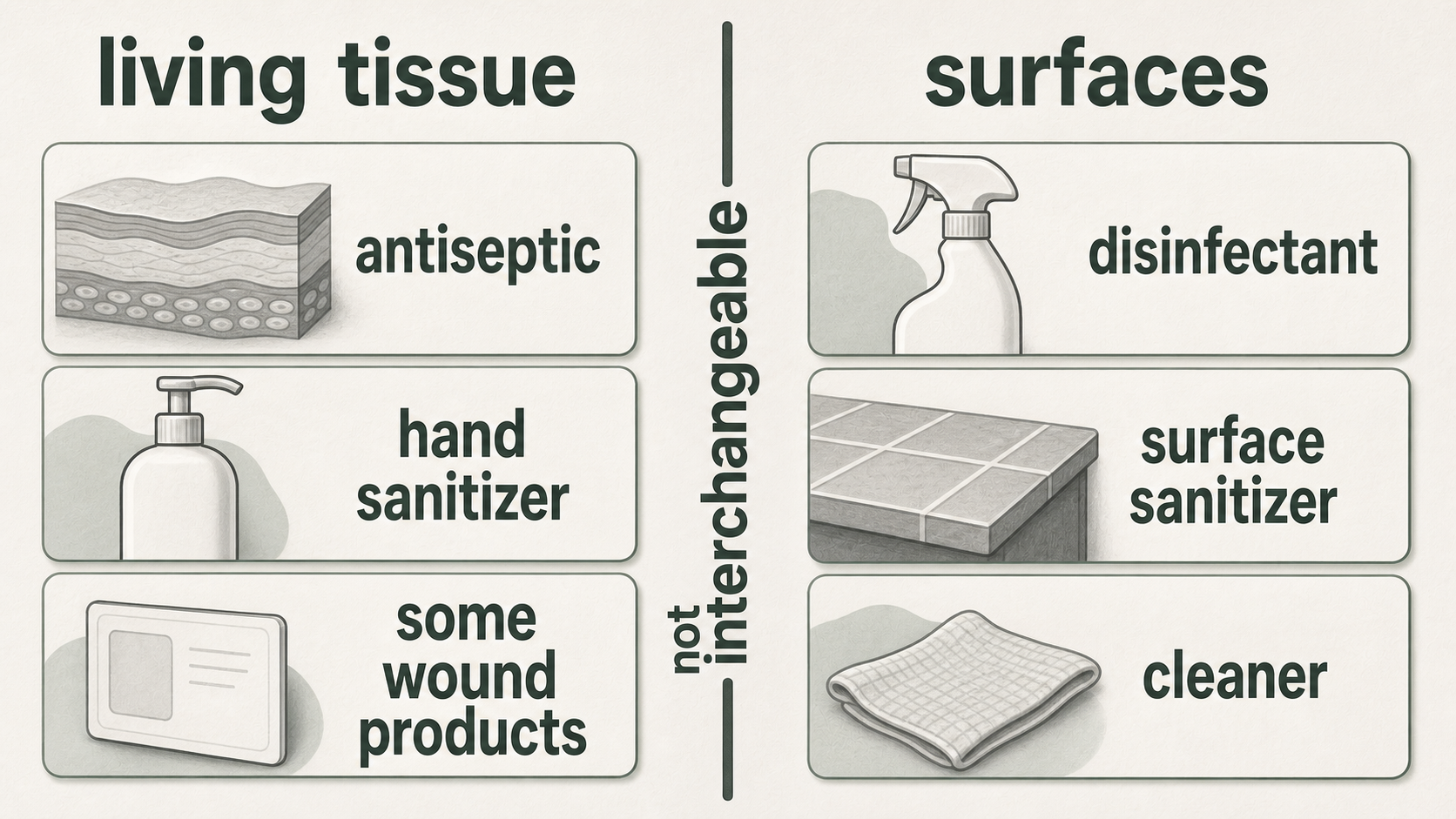 Split graphic separating skin products from counter and equipment surface products.