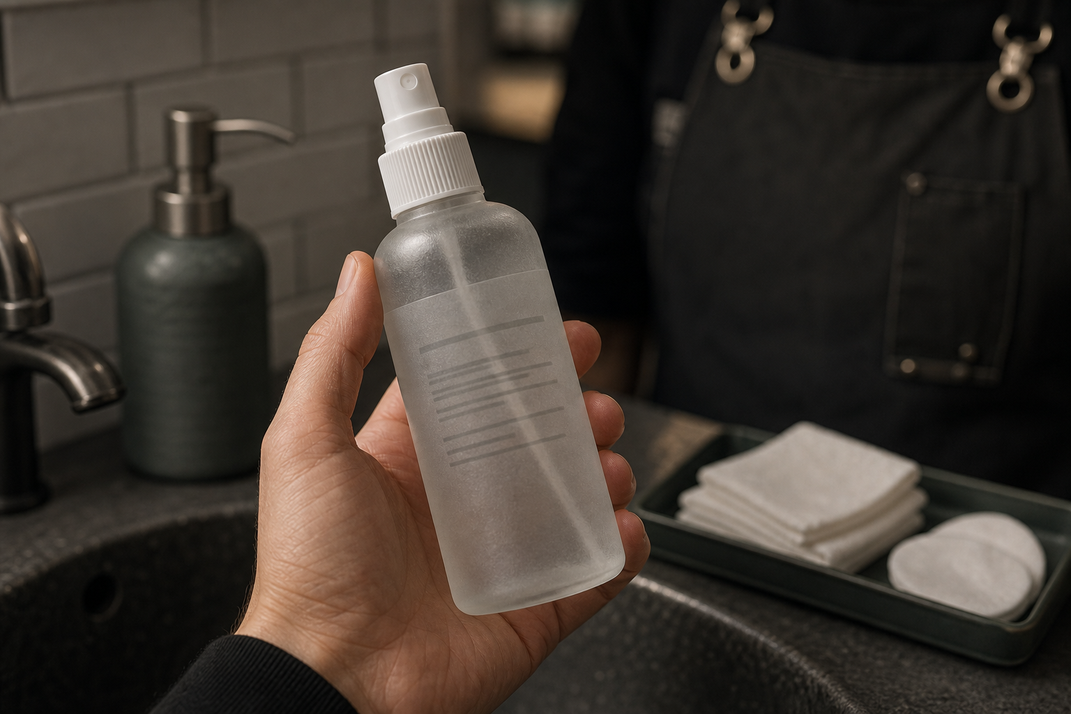 Cropped hand holding an unbranded antiseptic bottle near a studio sink with gauze and a blurred piercer apron in the background.