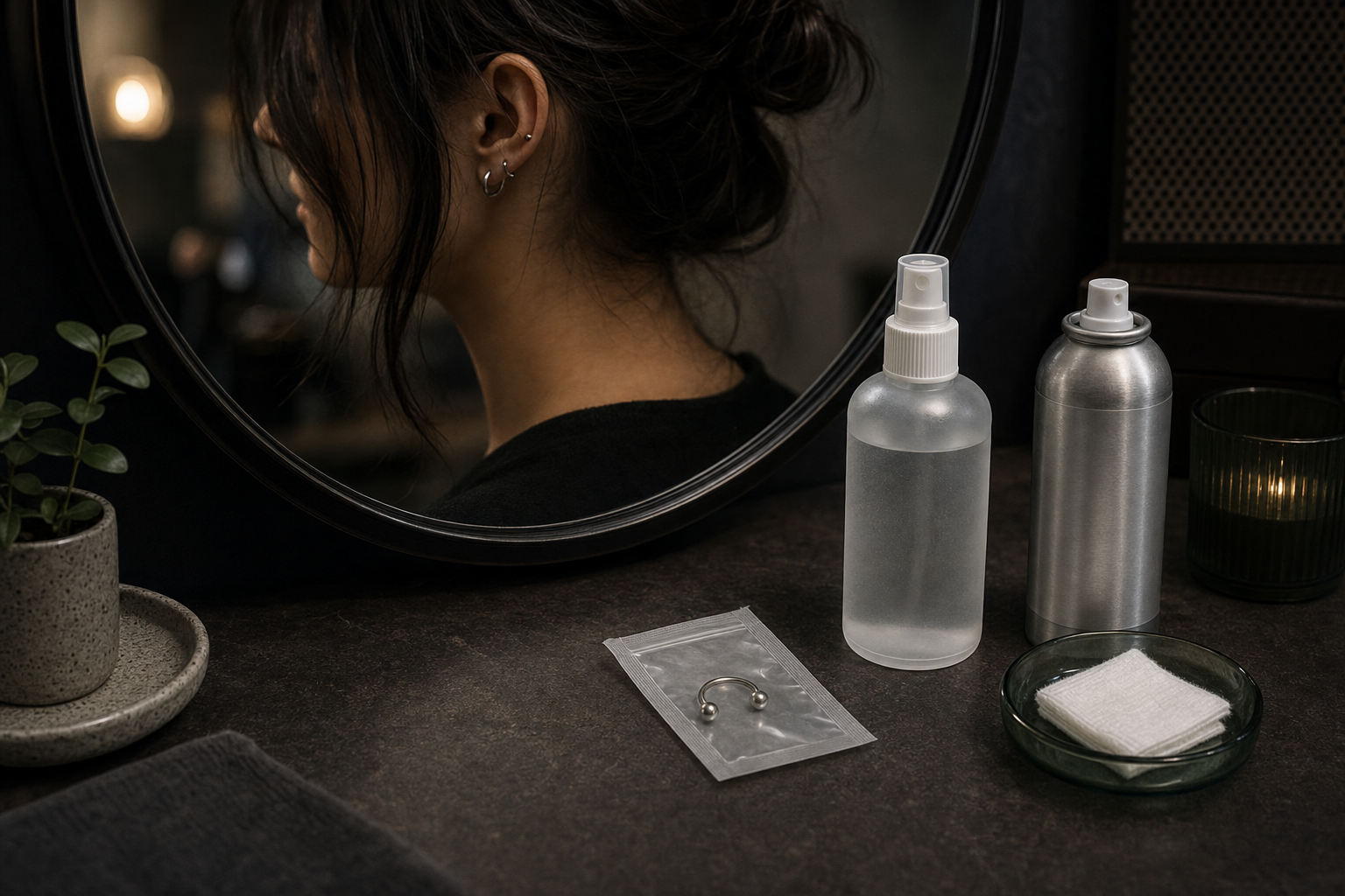 Piercing studio mirror scene with a non-identifiable profile, saline can, antiseptic bottle, gauze, and sealed jewelry pouch.
