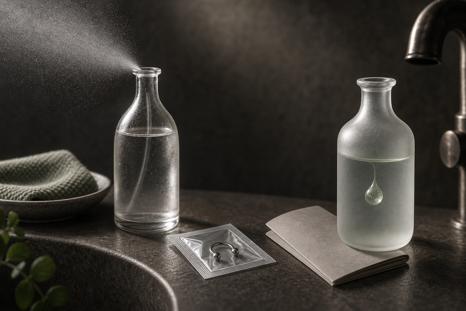 Abstract macro still life with a clear saline mist vessel, a green-gray antiseptic droplet vessel, a sealed jewelry pouch, and a folded leaflet.
