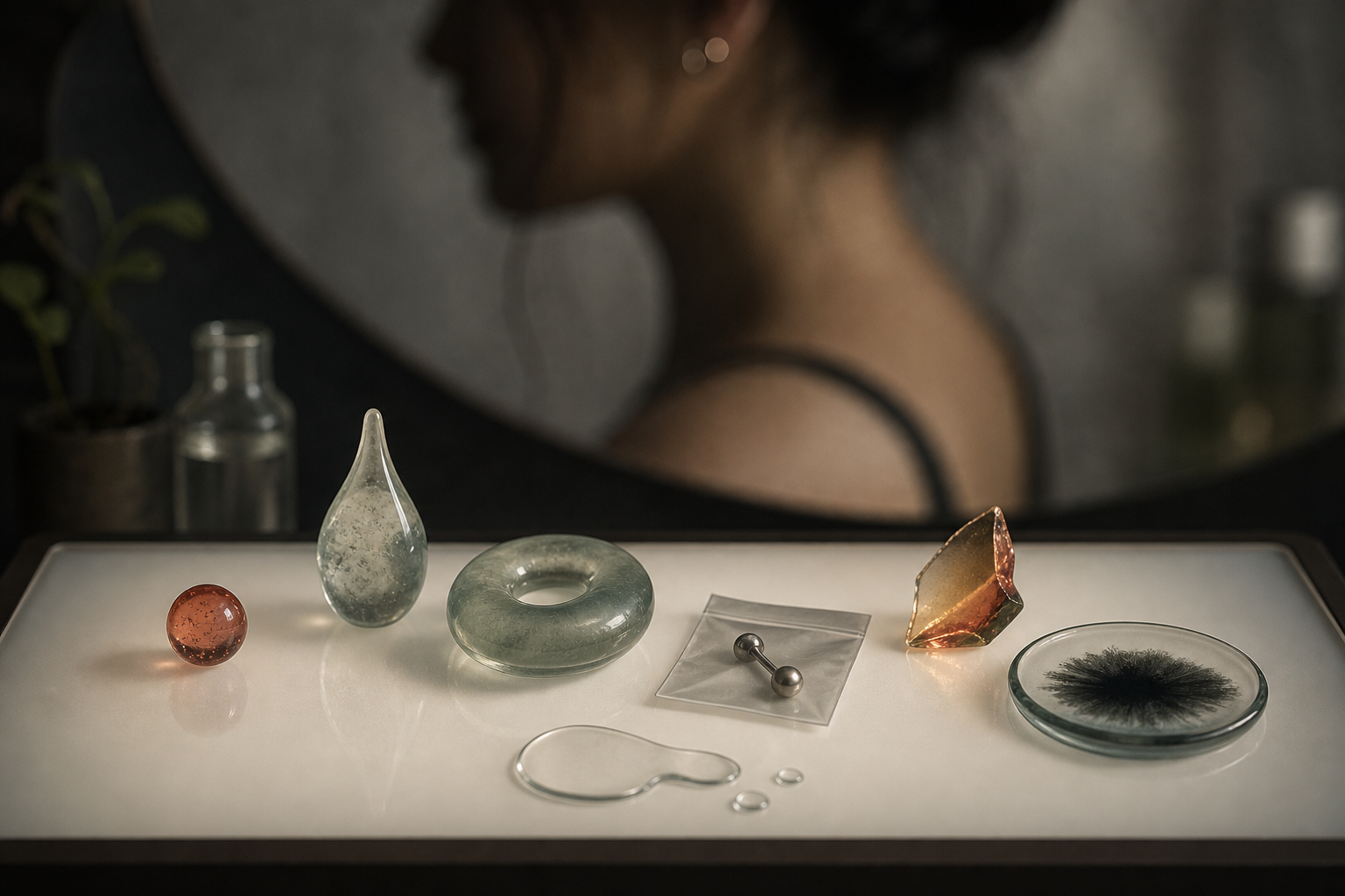 Abstract lightbox scene with translucent symptom objects in front of a blurred non-identifiable ear and shoulder silhouette.