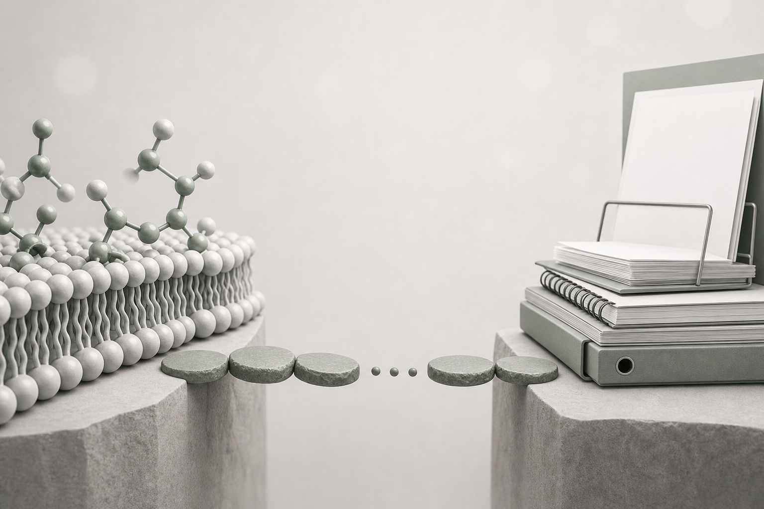 Abstract bridge from lab model shapes to evidence documents with a clear gap in the middle.