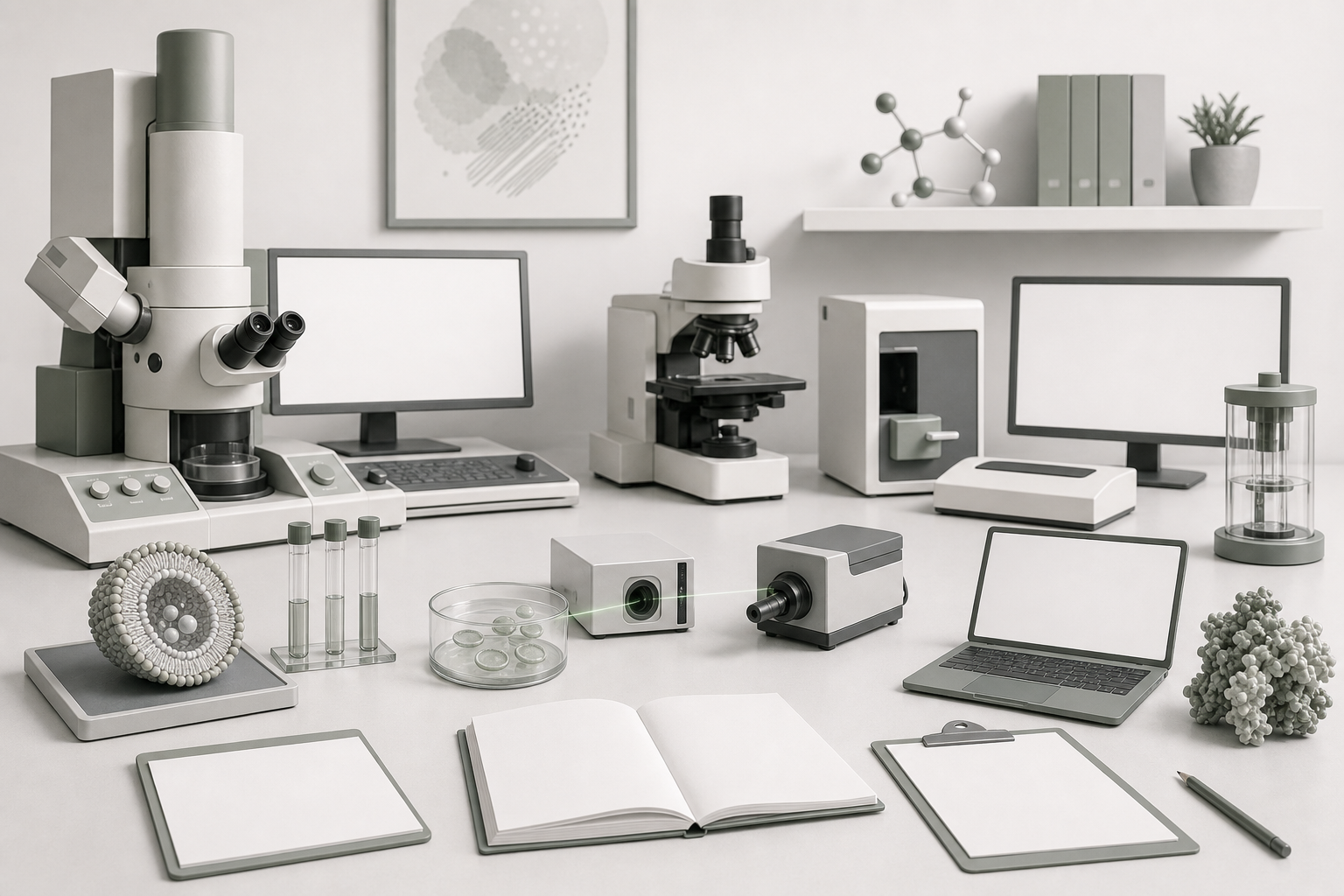 Abstract lab methods workbench with model membrane tools and blank analysis sheets.