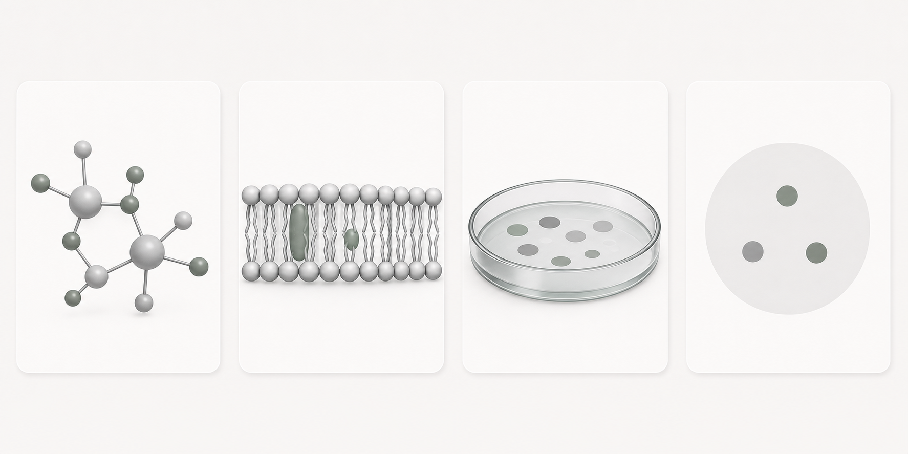 Layered abstract graphic separating molecule, membrane model, organism, and clinical question.