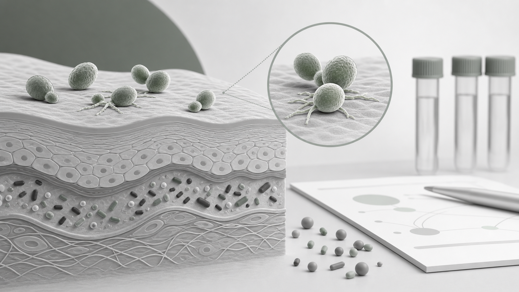 Editorial science visual of Candida auris skin colonization and ICU microbiome context.
