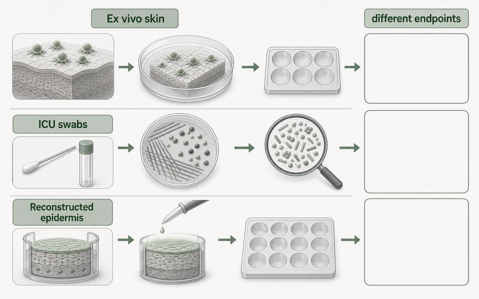 Evidence diagram comparing ex vivo skin, ICU sampling, and reconstructed epidermis models.