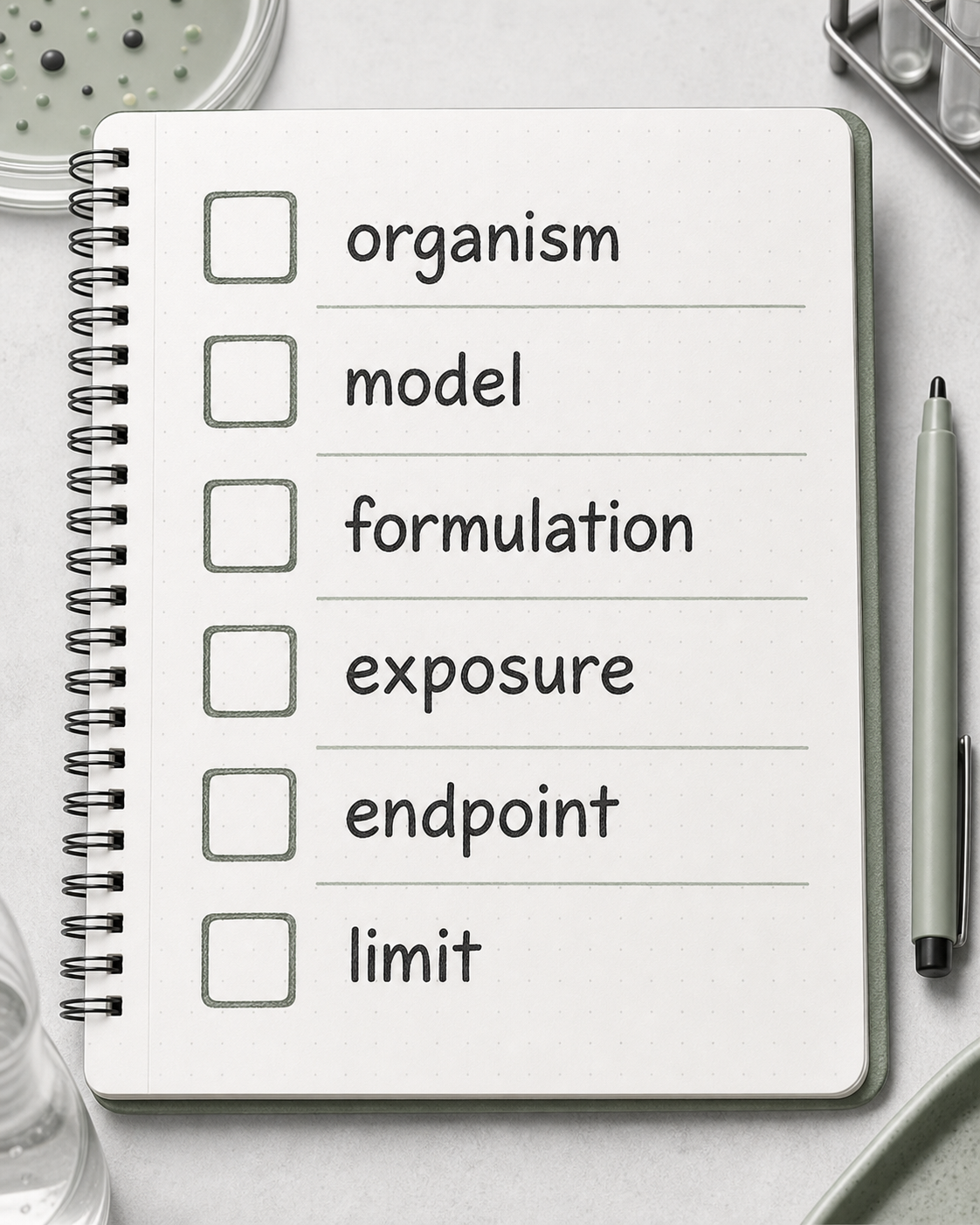 Checklist graphic for reading octenidine and Candida auris study endpoints.