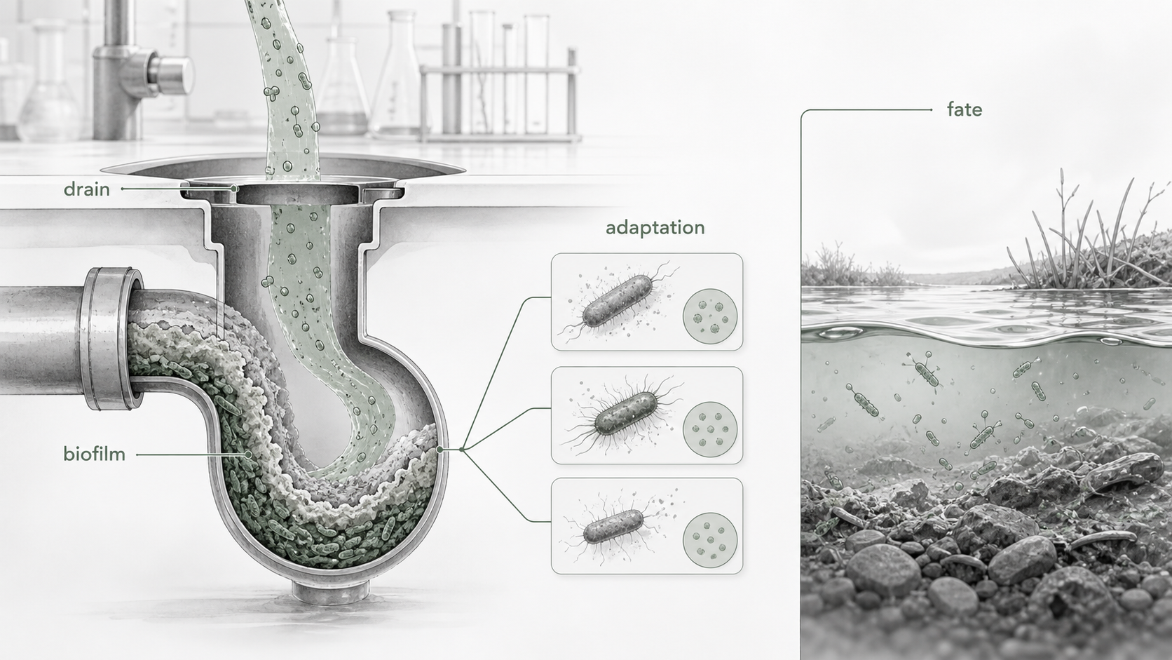 Researcher visual about octenidine exposure in drains, biofilms, and environmental fate.