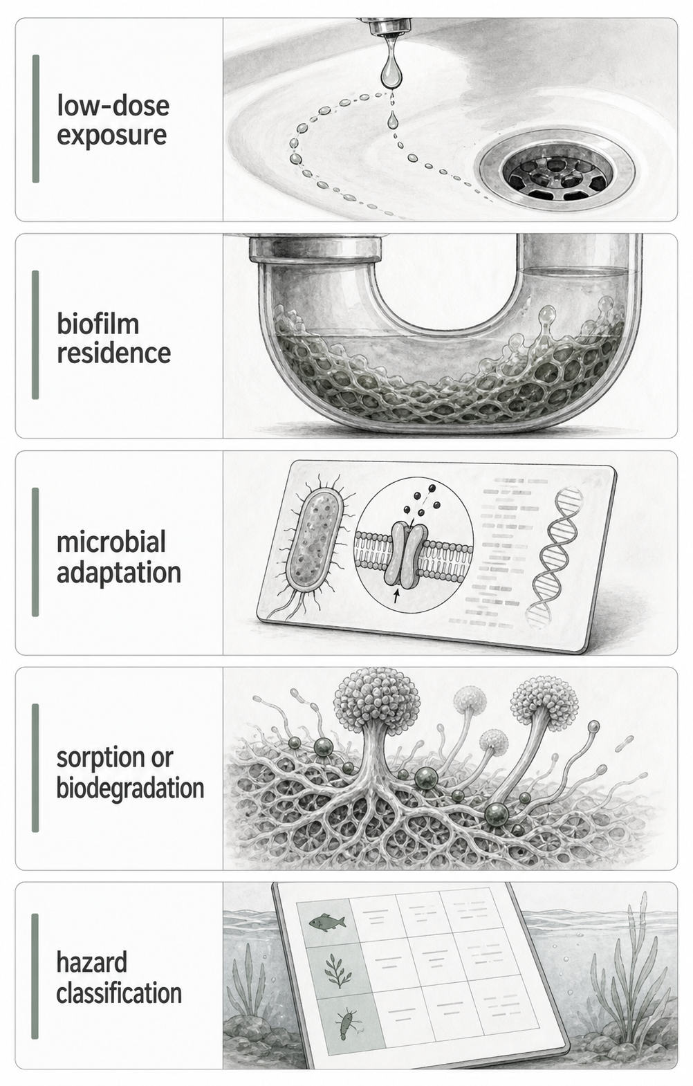 Concept map separating drain exposure, adaptation, biodegradation, sorption, and hazard claims.