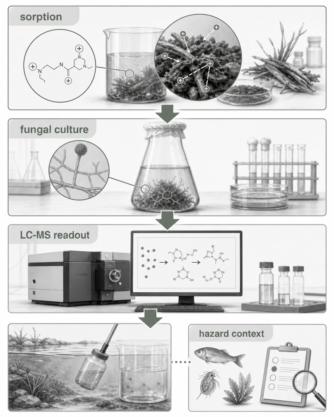 Process diagram showing octenidine sorption, transformation, and hazard interpretation.