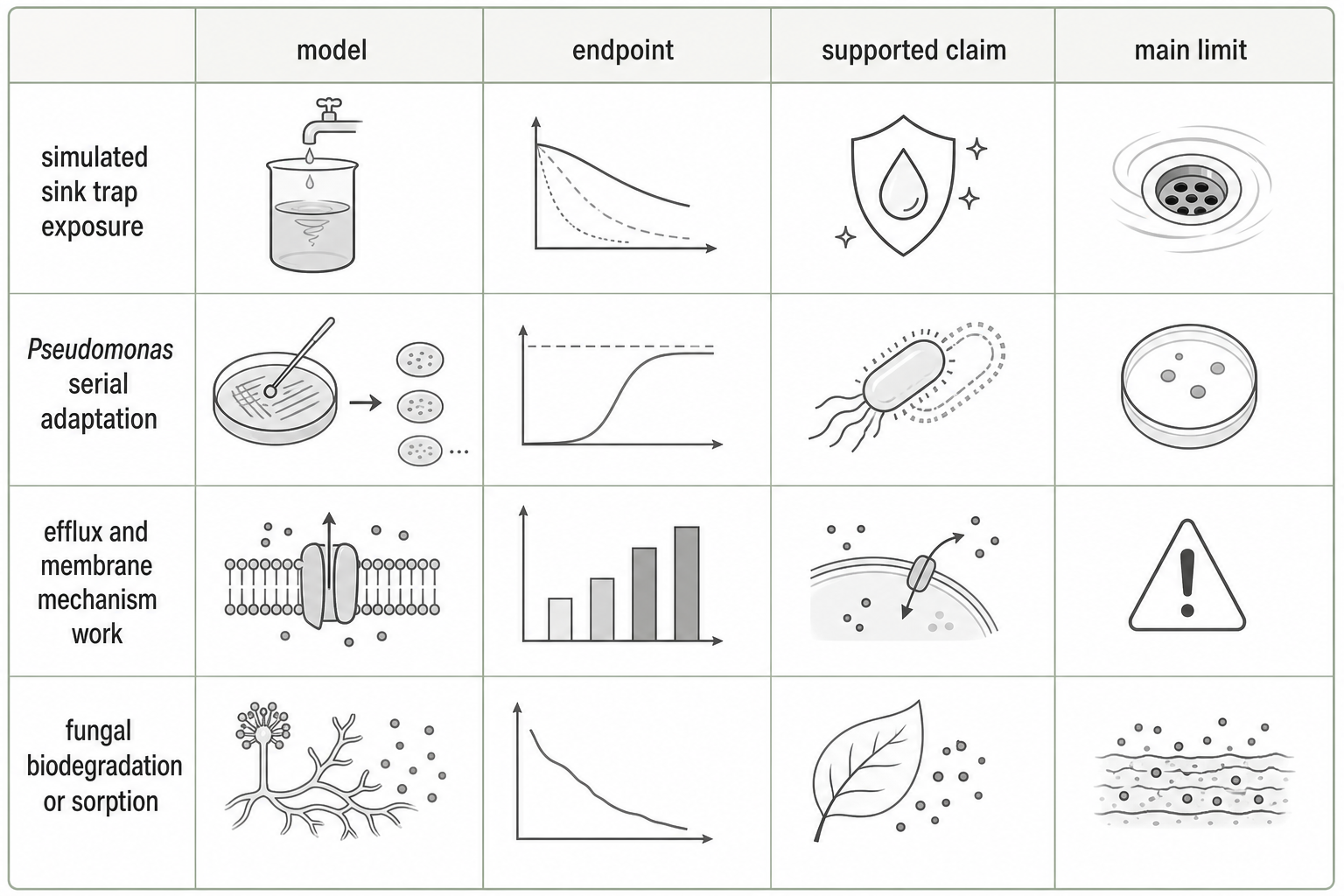 Evidence matrix about octenidine sink-trap and adaptation studies.