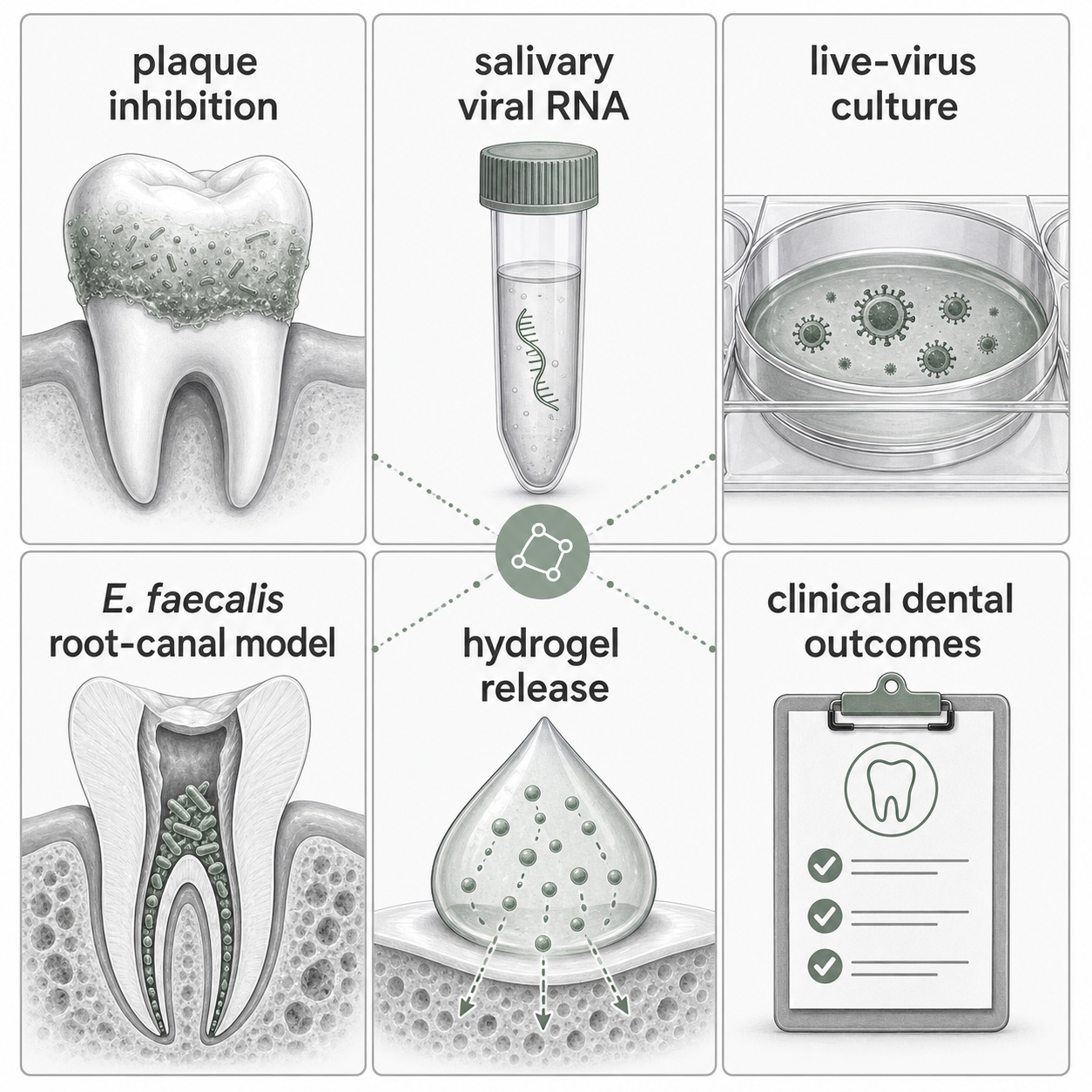 Map of plaque, salivary RNA, viral culture, and root-canal endpoints.