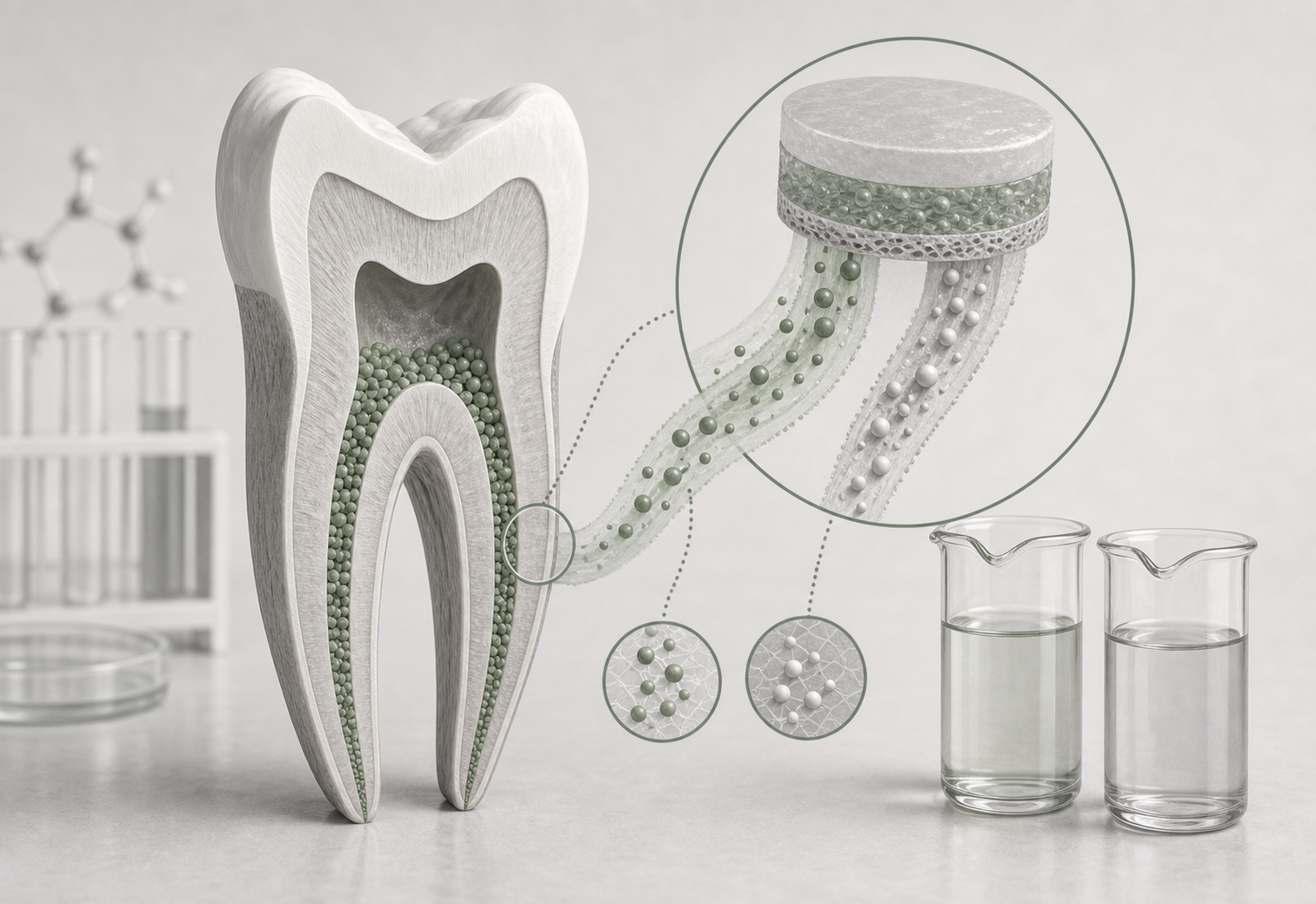 Root-canal model graphic showing irrigants, biofilm, hydrogel release, and outcome limits.