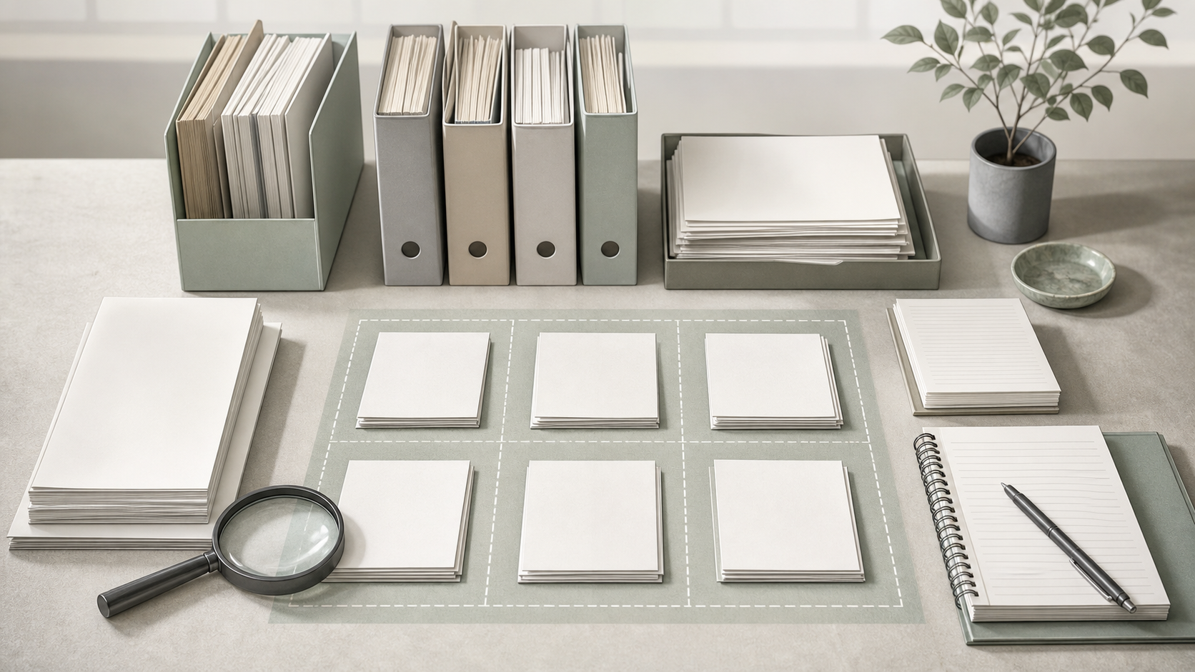 Abstract healthcare evidence review desk with wound-care source folders and no patient treatment scene.