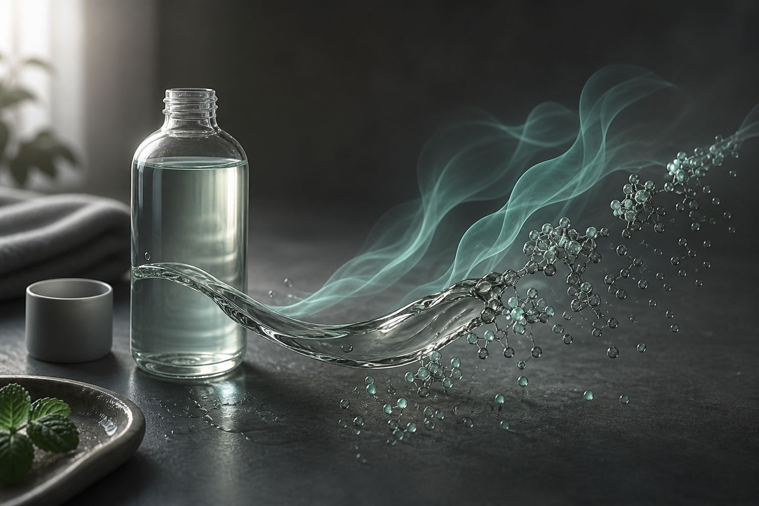 Unbranded mouth-rinse bottle with a clear liquid arc, mint vapor, and dissolving glass beads on a dark counter.