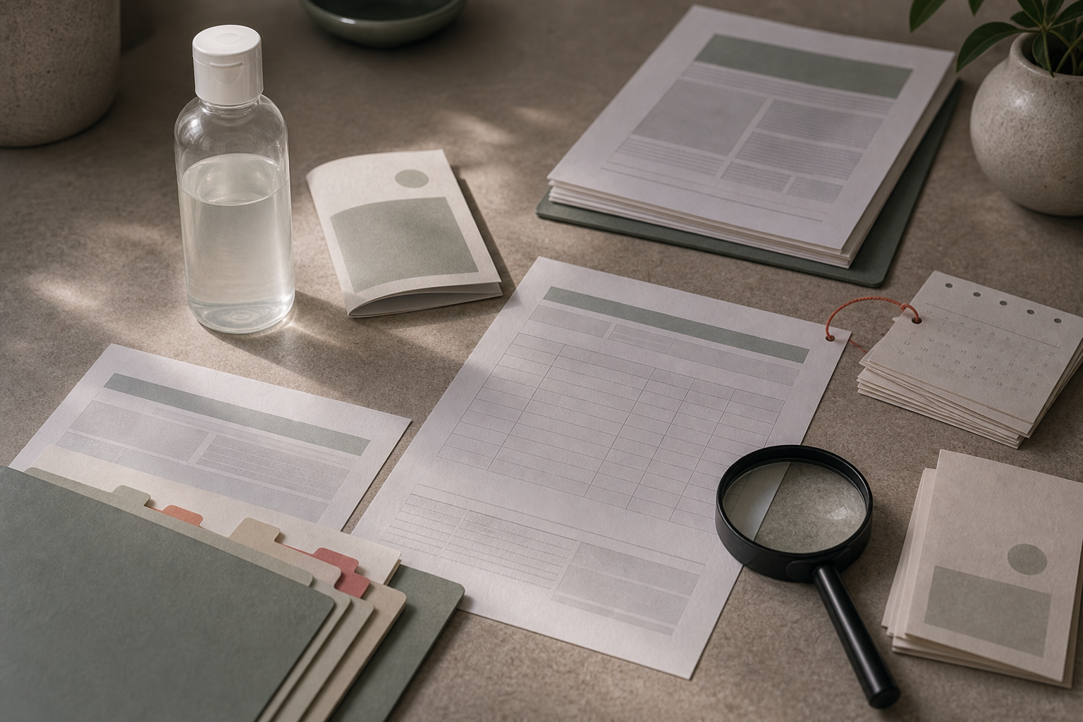 Document desk with an unbranded bottle, folded leaflet, regulator printout, manufacturer page, and date-tab papers.