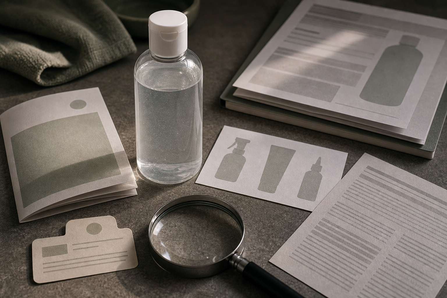 Unbranded bottle beside folded documents, batch-date tab, product-form silhouette, and ingredient-list texture.