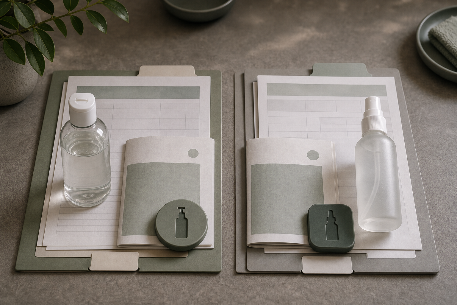Two fictional product-record folders with similar bottle silhouettes but different paper colors, form shapes, and date tabs.
