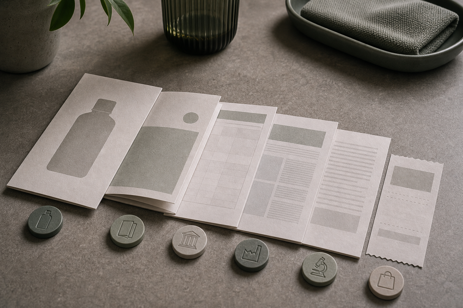 Layered paper stack with package, leaflet, regulator sheet, manufacturer page, study paper, and retailer receipt shapes.