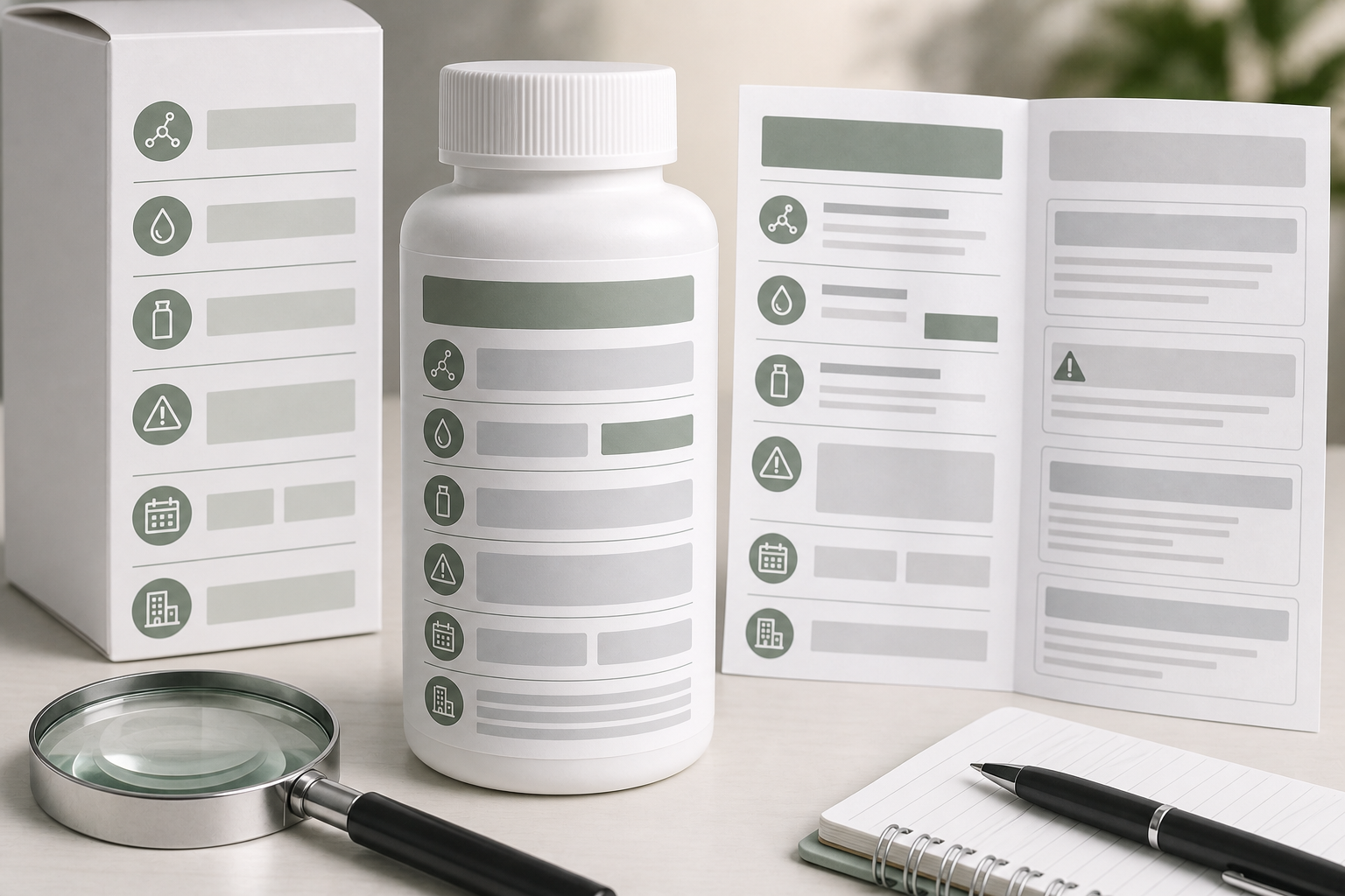 Generic label anatomy scene with blank label sections and a magnifying glass.