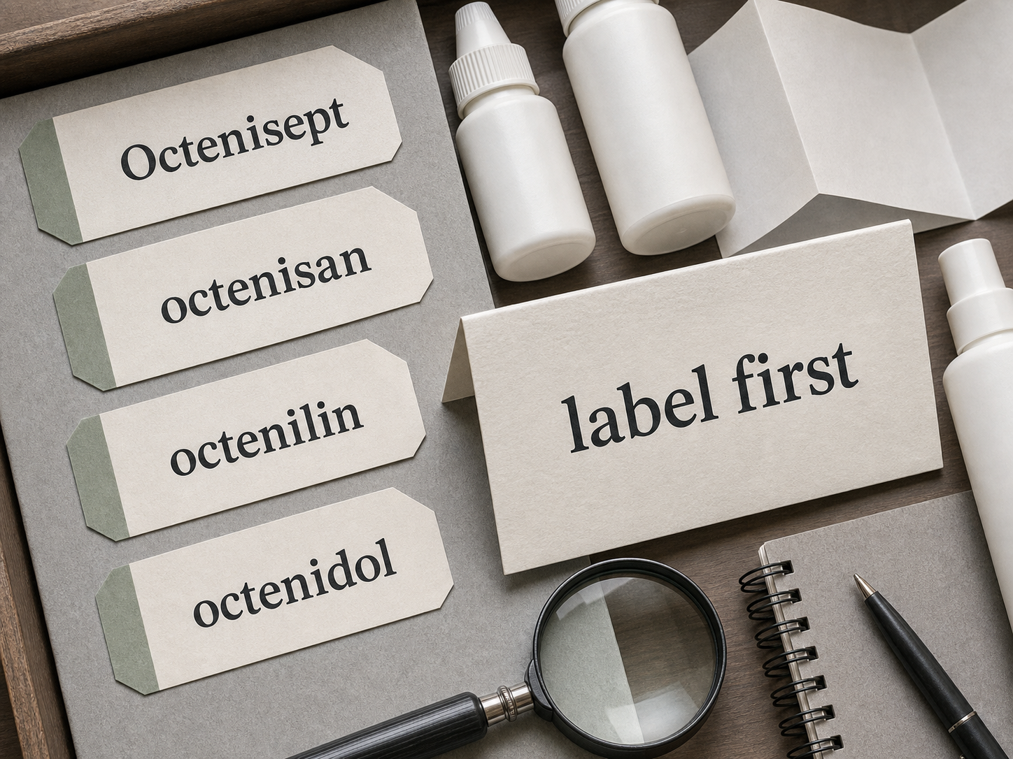 Unbranded product-name tabs beside a folded medicine label and a magnifying glass.