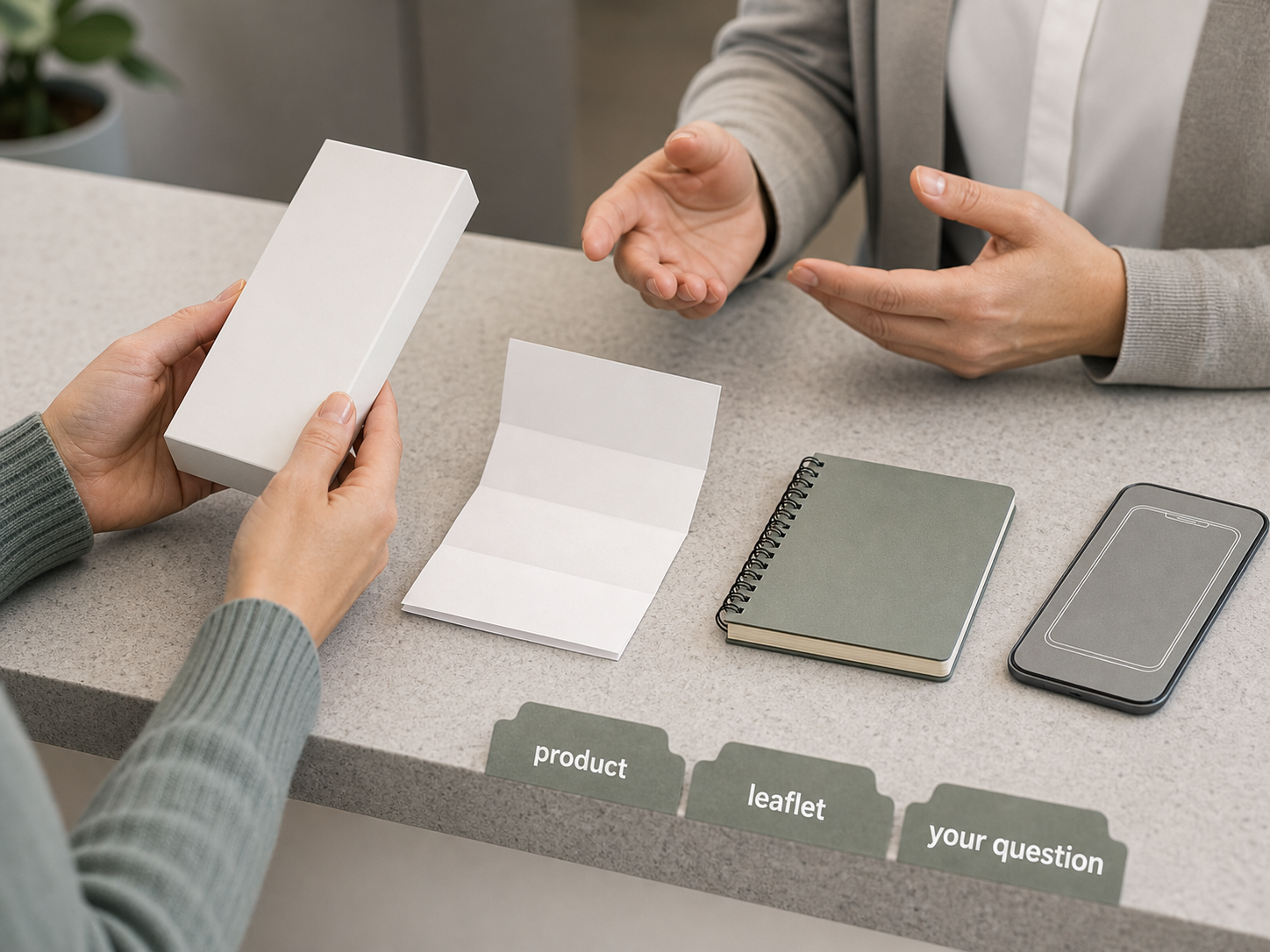 Consultation counter scene with a product package, leaflet, notebook, and phone.