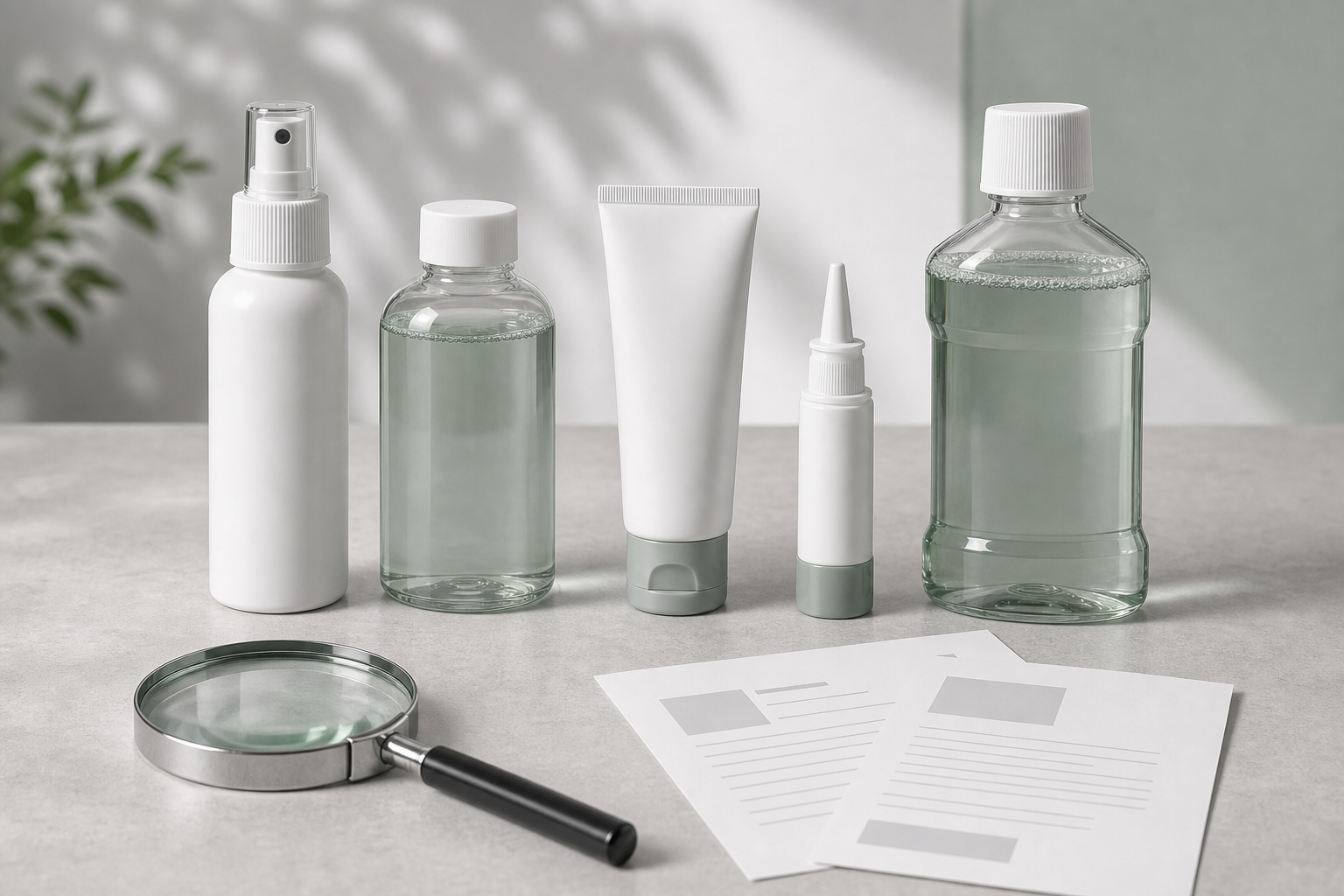 Unbranded antiseptic product forms arranged on a desk with blank source documents.