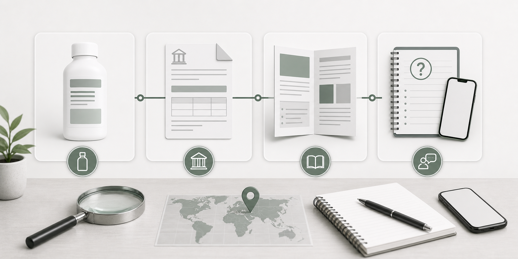 Unbranded source-check pathway with blank label, register, leaflet, and question notes.